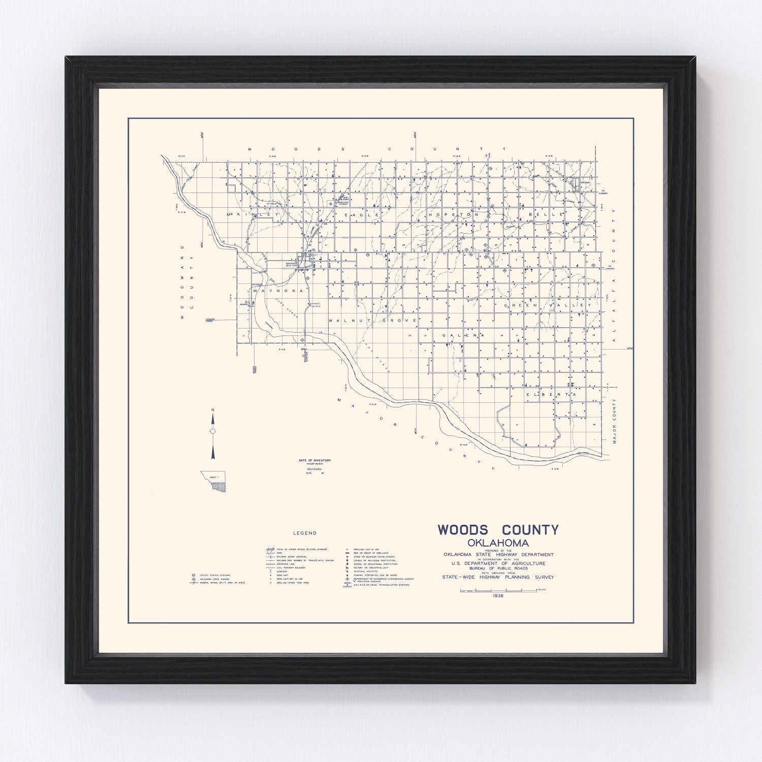 Vintage map of Woods County, Oklahoma, 1936, digitally restored print