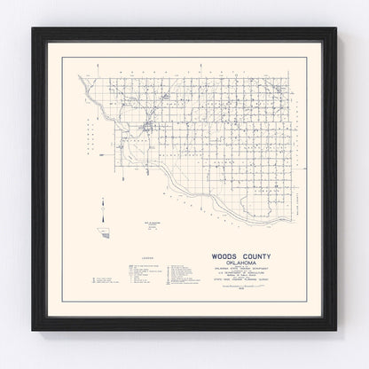 Vintage map of Woods County, Oklahoma, 1936, digitally restored print