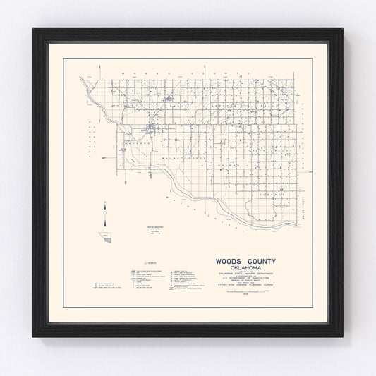 Vintage map of Woods County, Oklahoma, 1936, digitally restored print