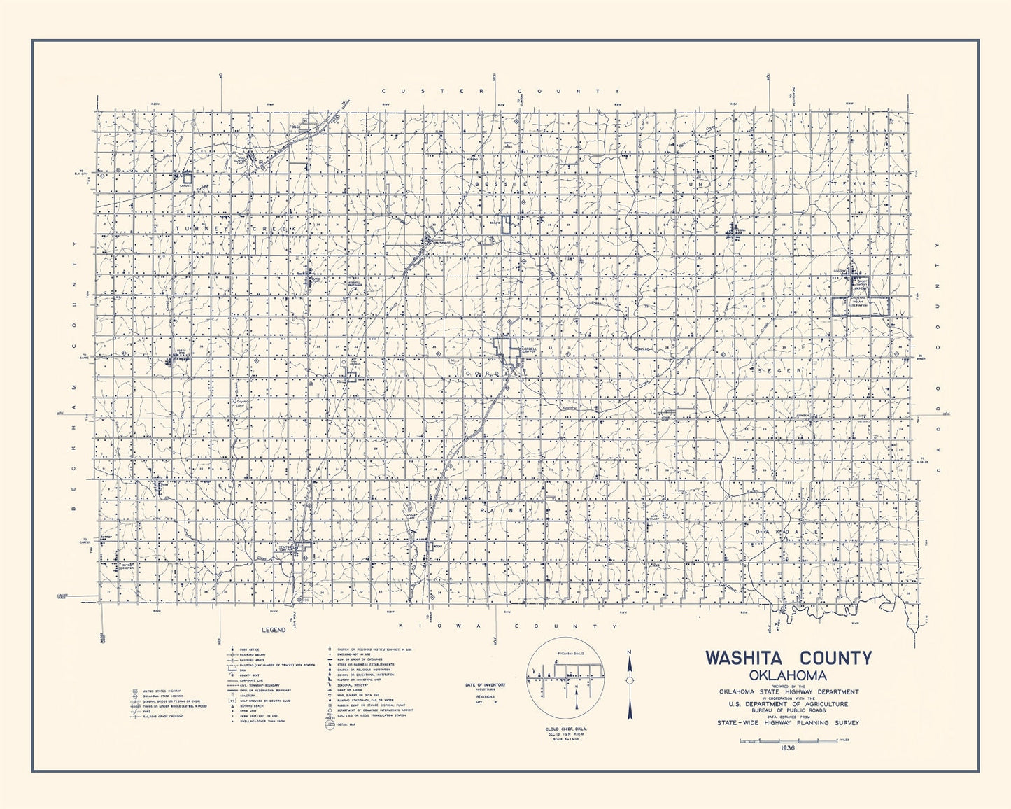 Vintage Map of Washita County, Oklahoma 1936