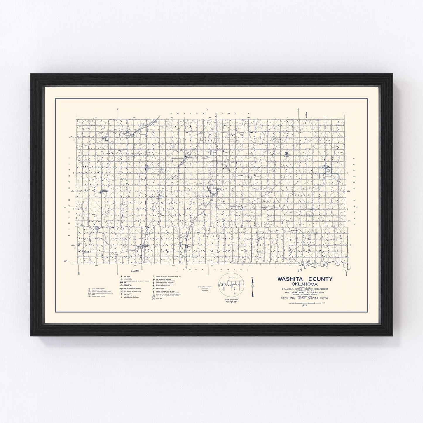 Vintage map of Washita County, Oklahoma, 1936 - Cordell restored cartographic print