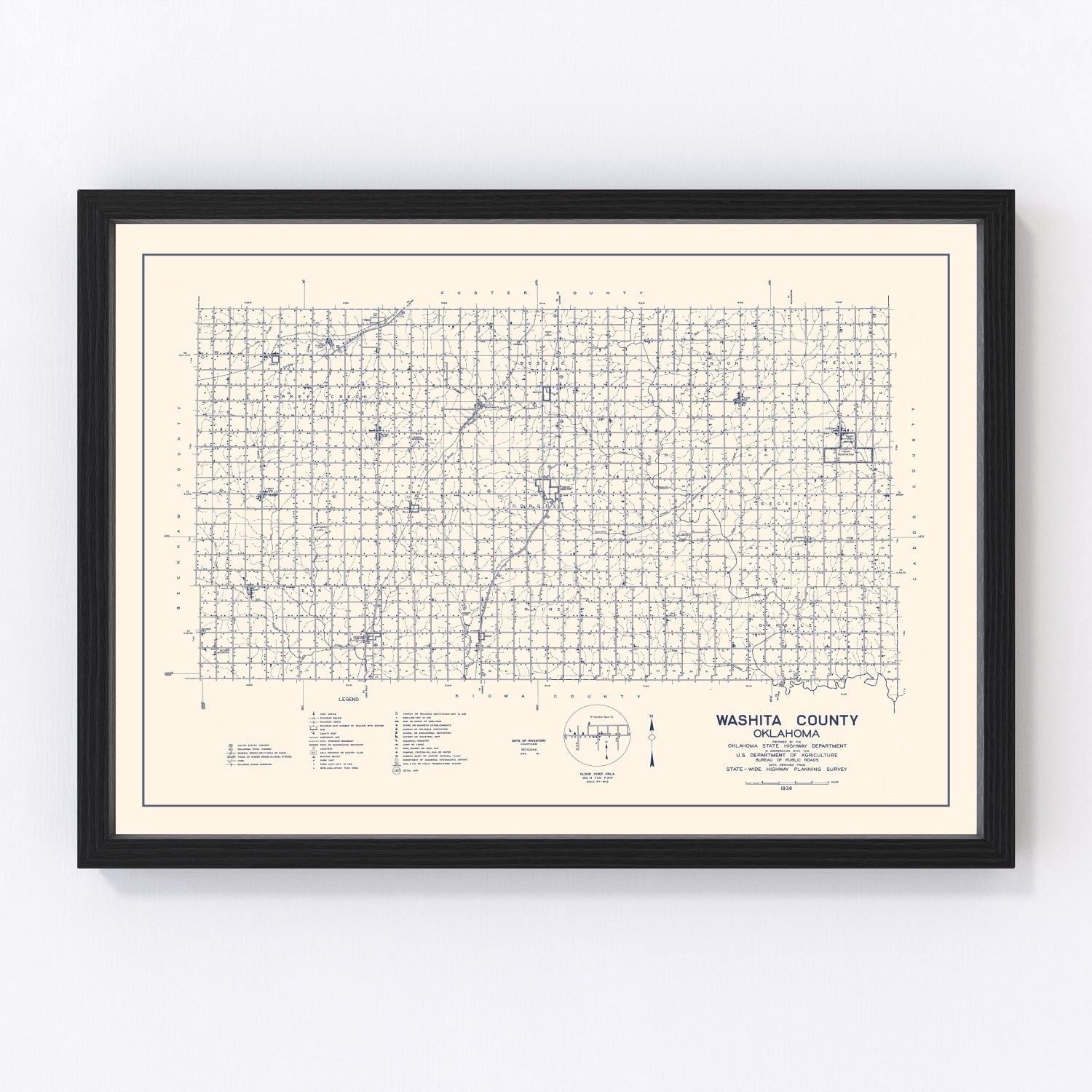 Vintage map of Washita County, Oklahoma, 1936 - Cordell restored cartographic print
