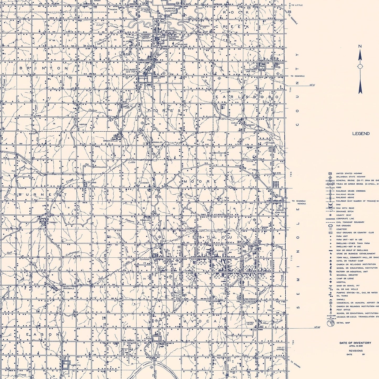 Vintage Map of Pottawatomie County, Oklahoma, 1936 (II)