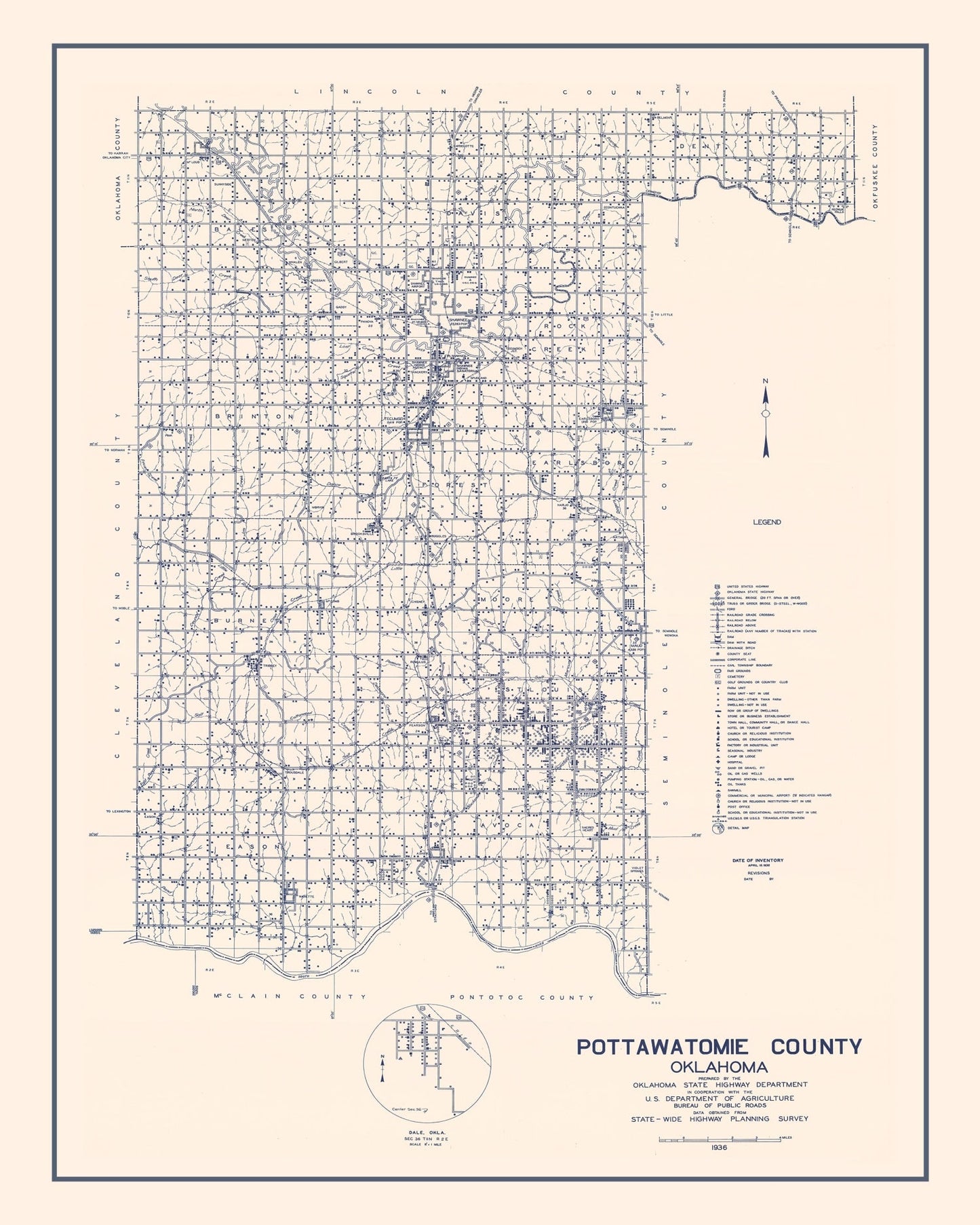 Vintage Map of Pottawatomie County, Oklahoma, 1936 (II)
