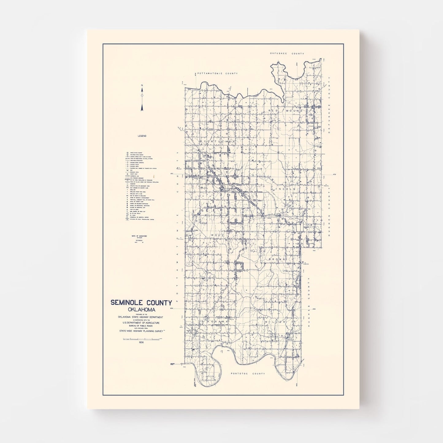 Vintage Map of Seminole County, Oklahoma, 1936