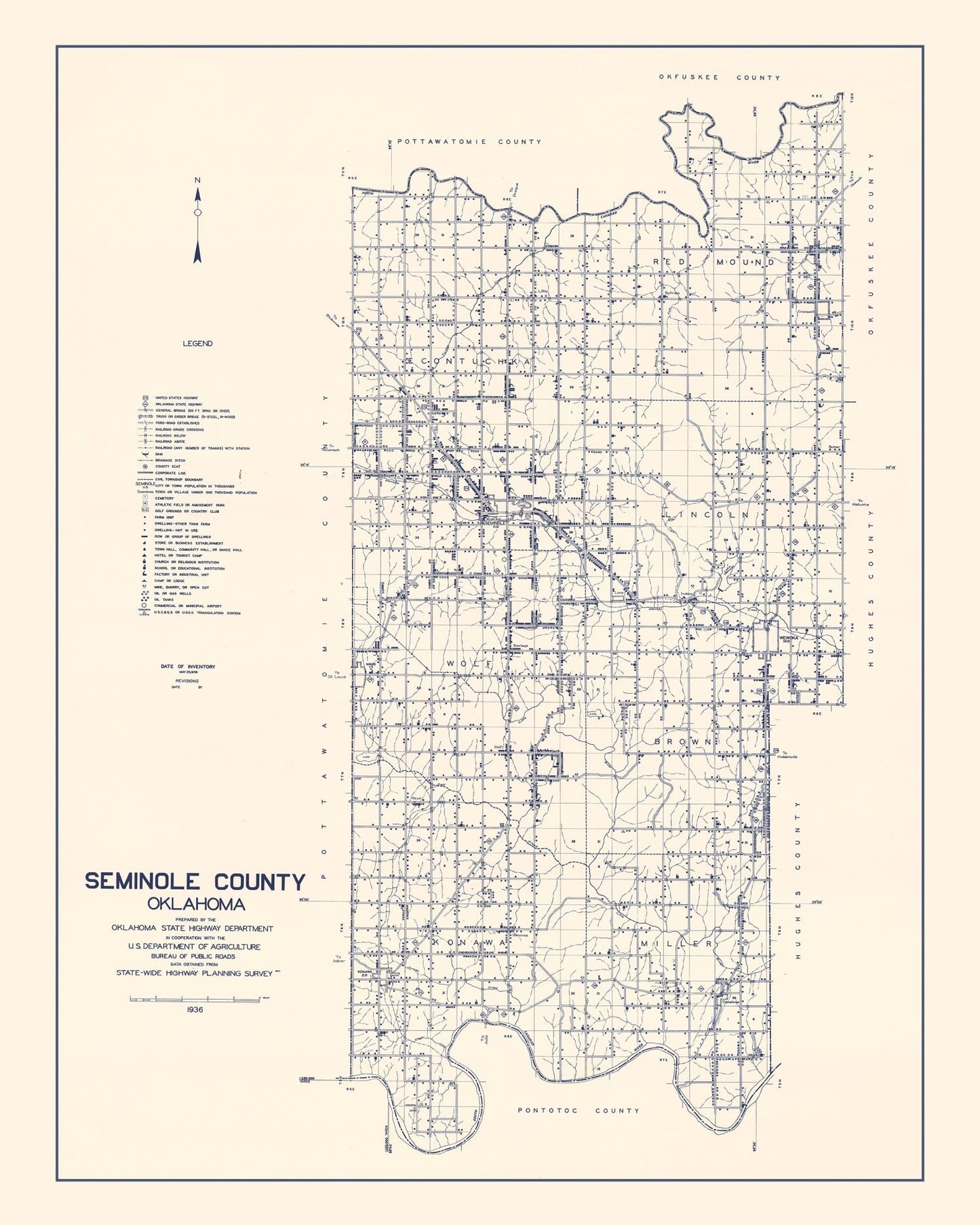 Vintage Map of Seminole County, Oklahoma, 1936