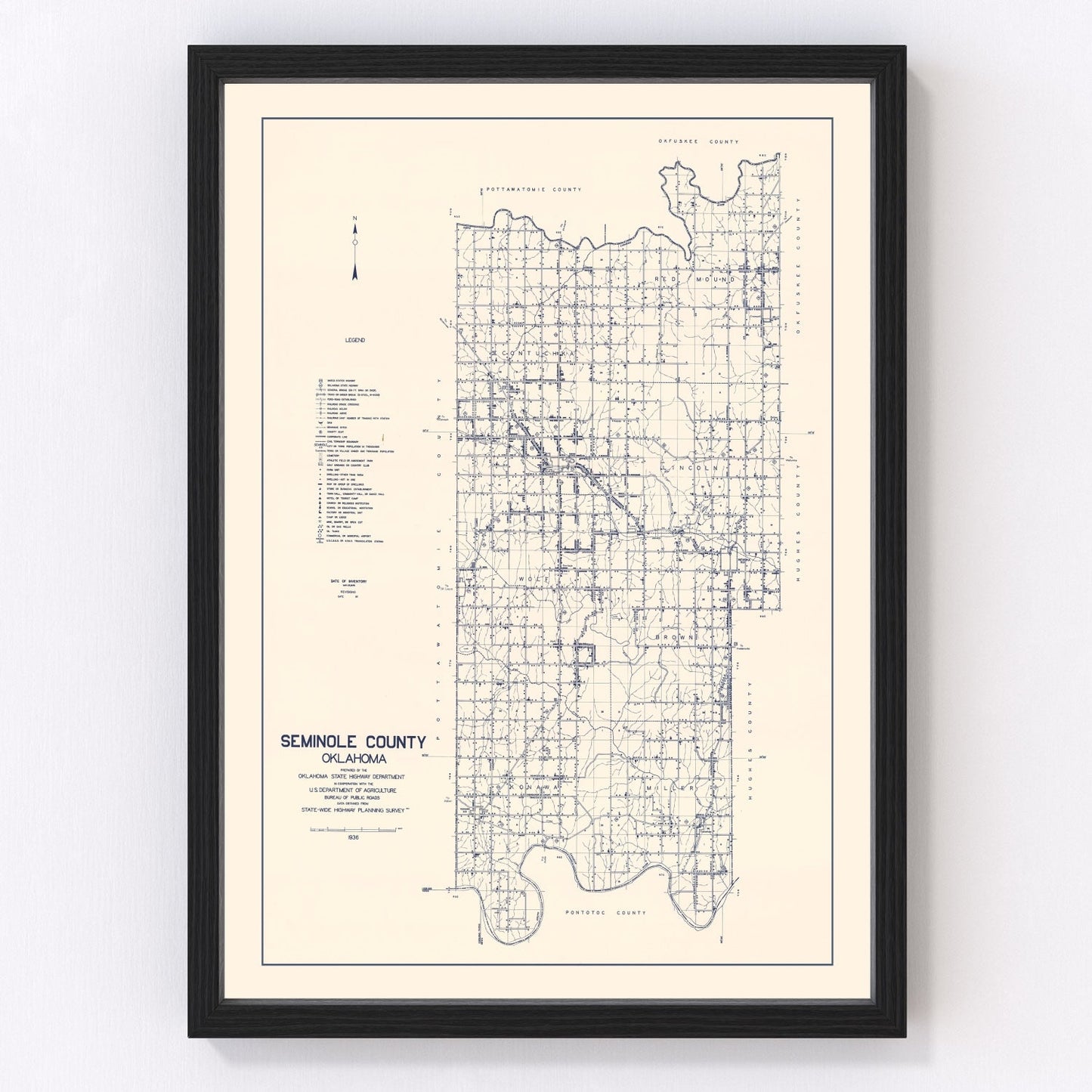 vintage map of Seminole County, Oklahoma, 1936