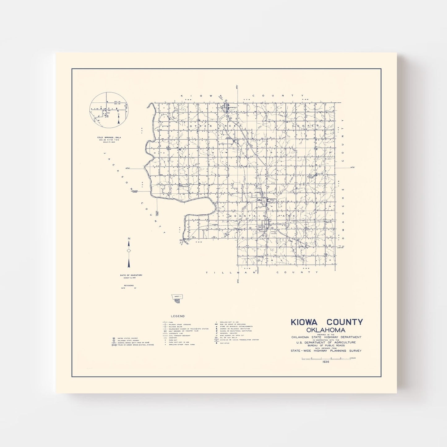 Vintage Map of Kiowa County, Oklahoma, 1936