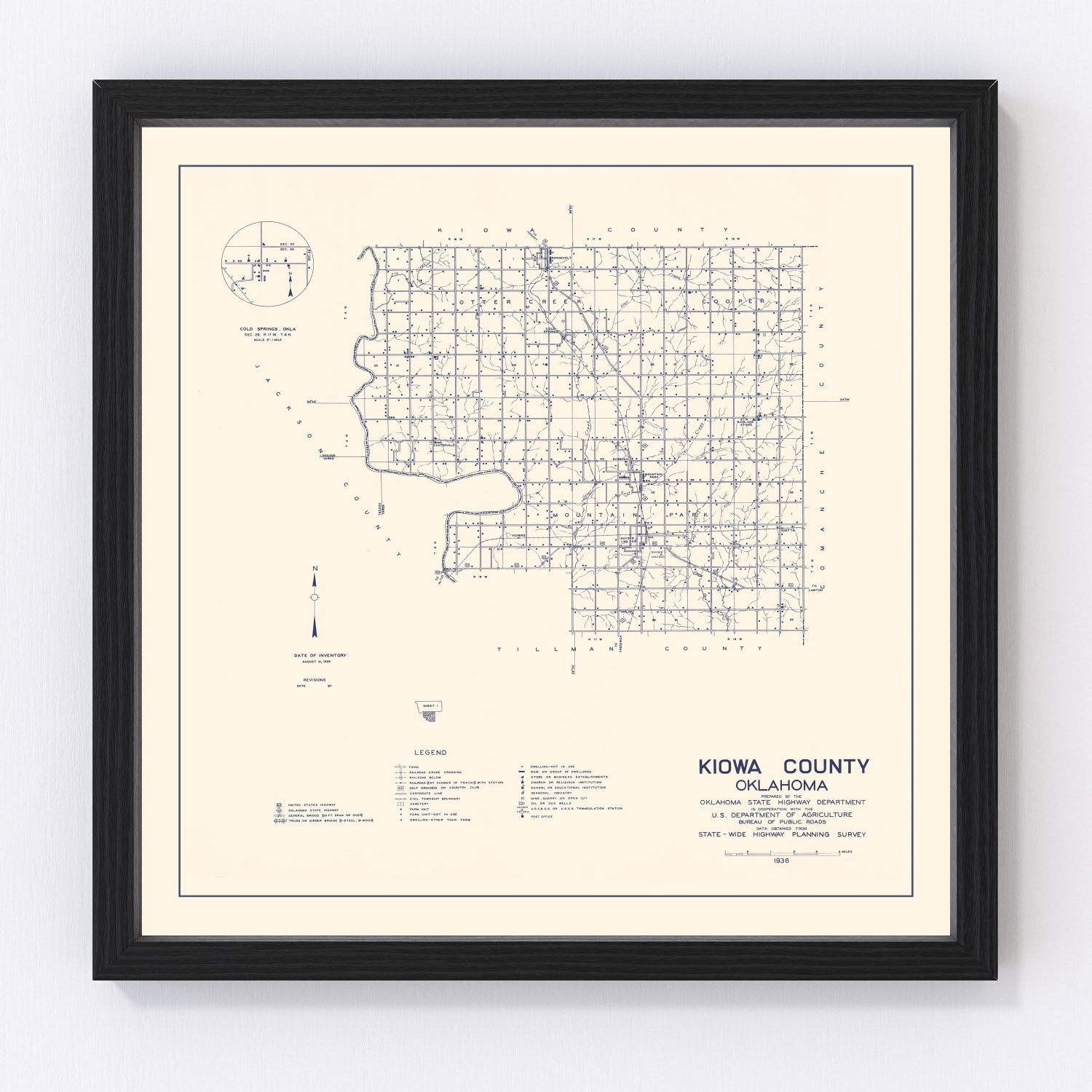 vintage map of Kiowa County, Oklahoma, 1936