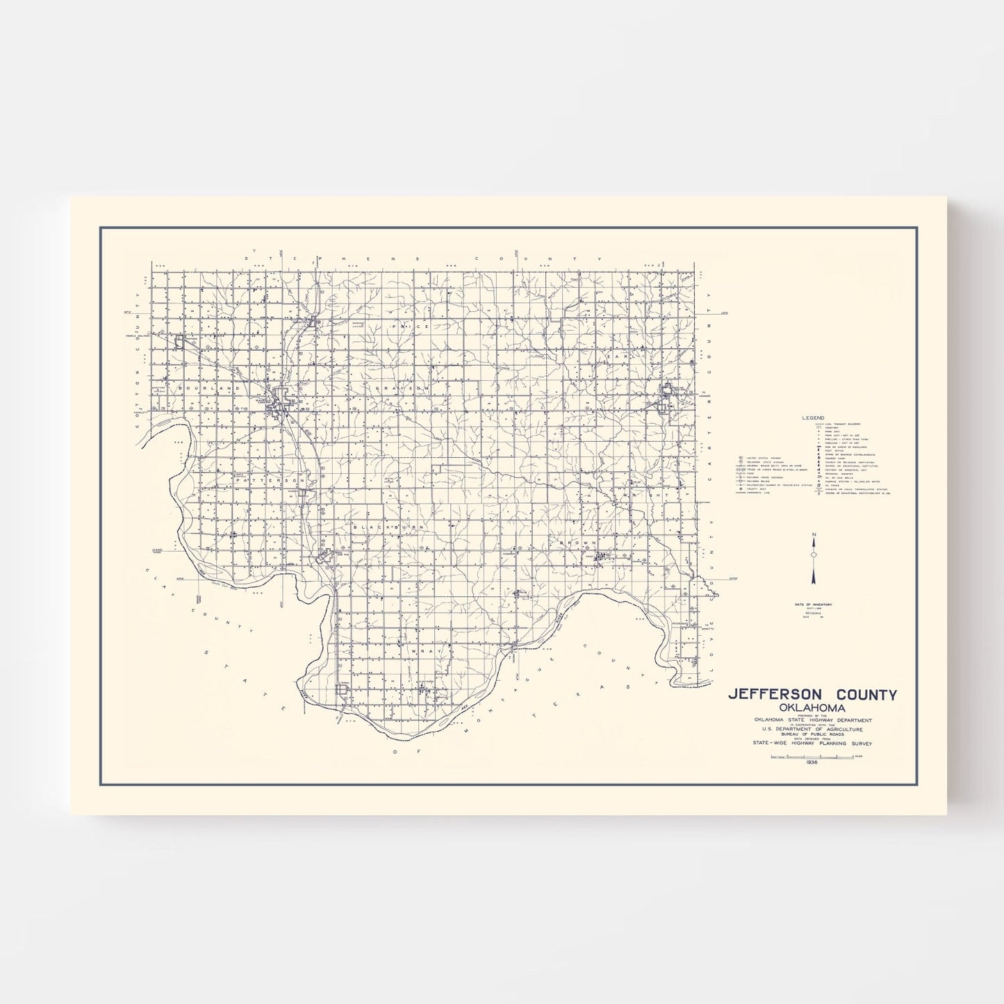 Vintage Map of Jefferson County, Oklahoma, 1936