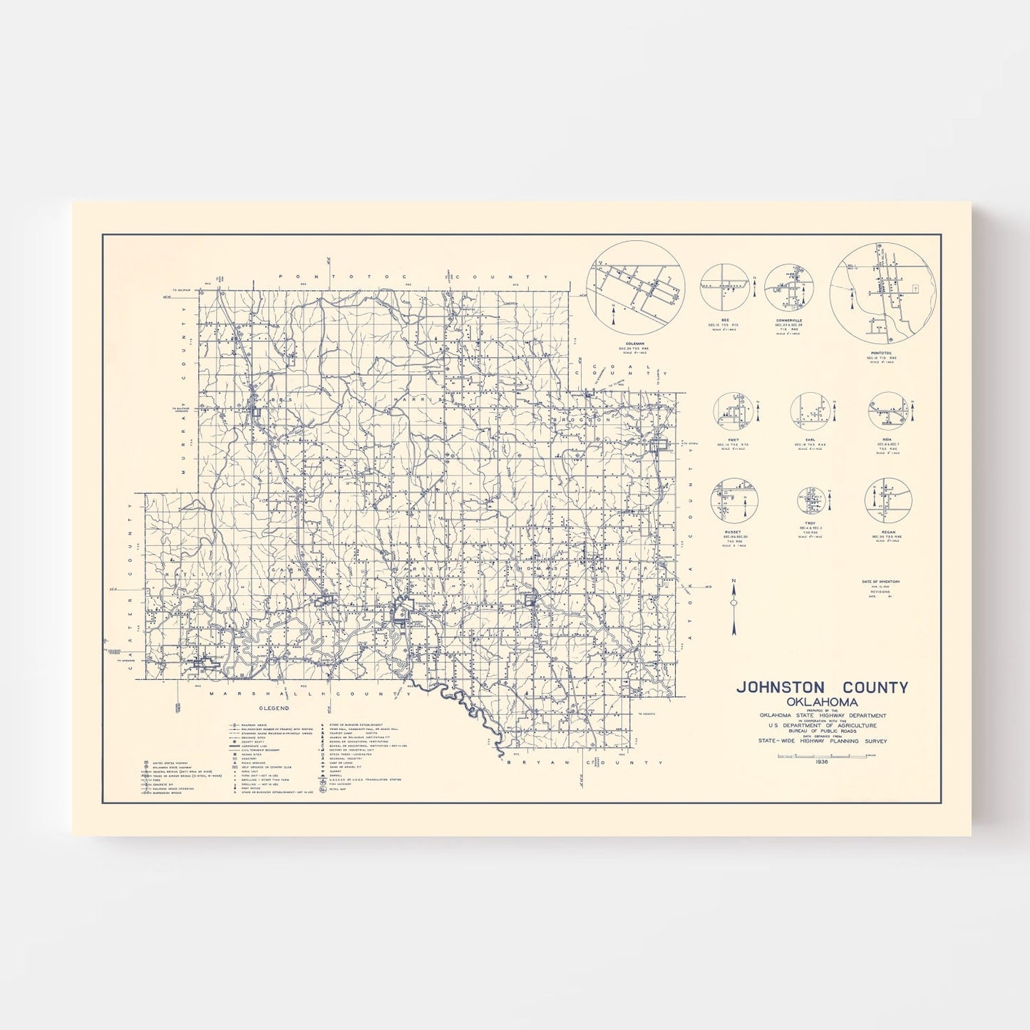 Vintage Map of Johnston County, Oklahoma, 1936