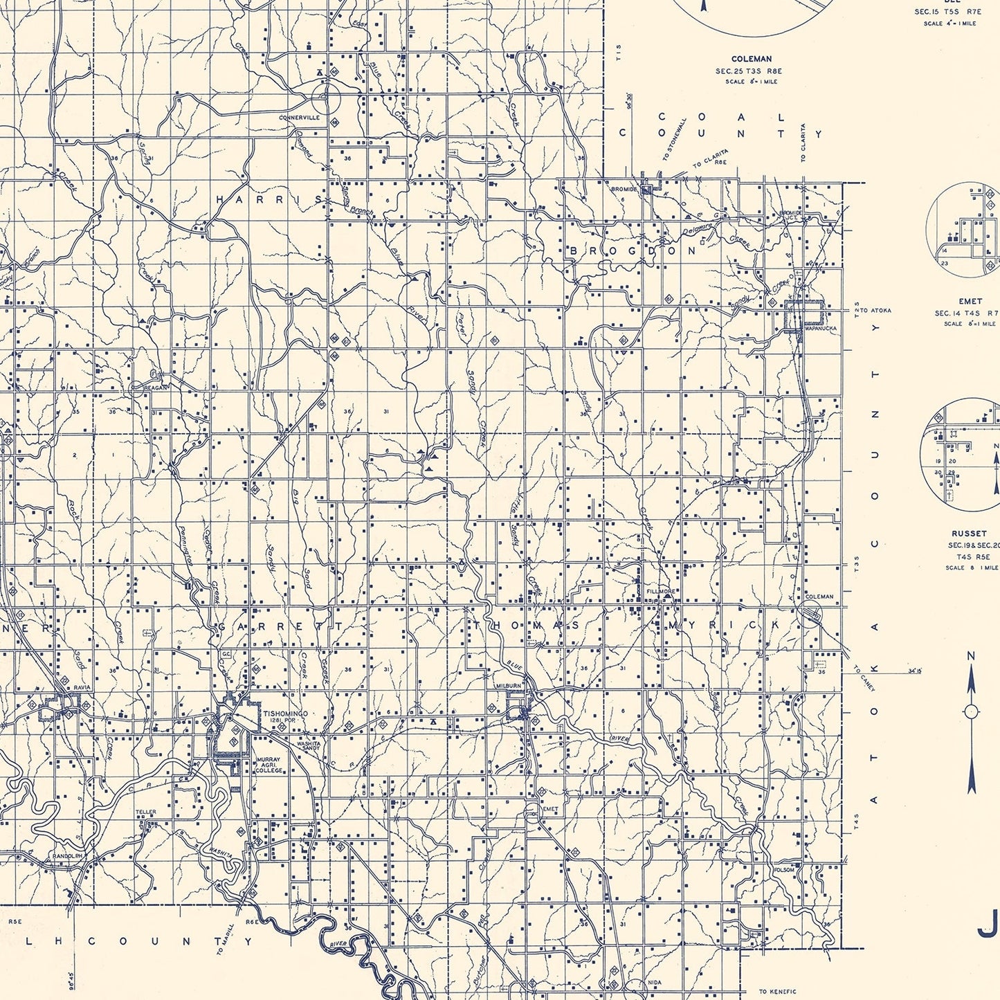 Vintage Map of Johnston County, Oklahoma, 1936