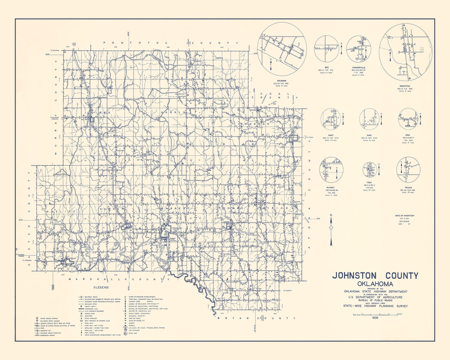 Vintage Map of Johnston County, Oklahoma, 1936