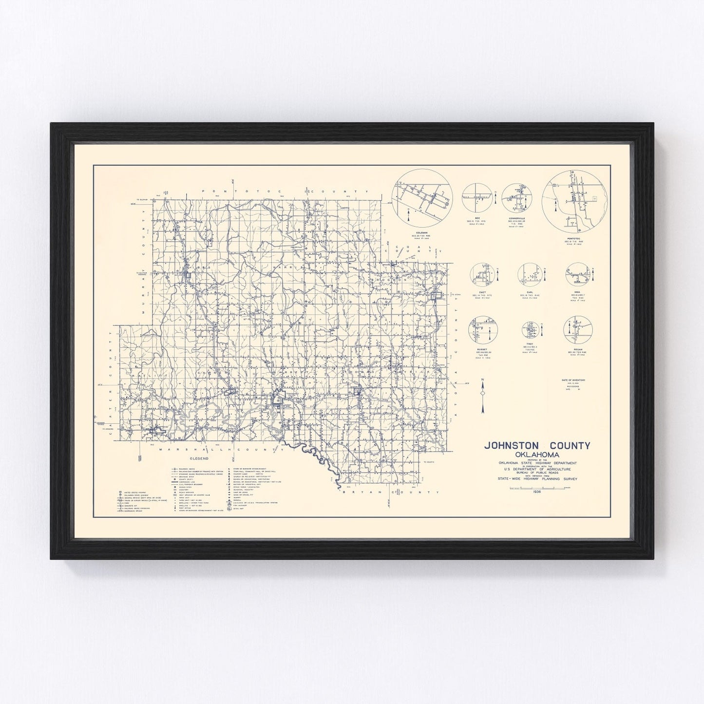 Vintage map of Johnston County, Oklahoma, 1936