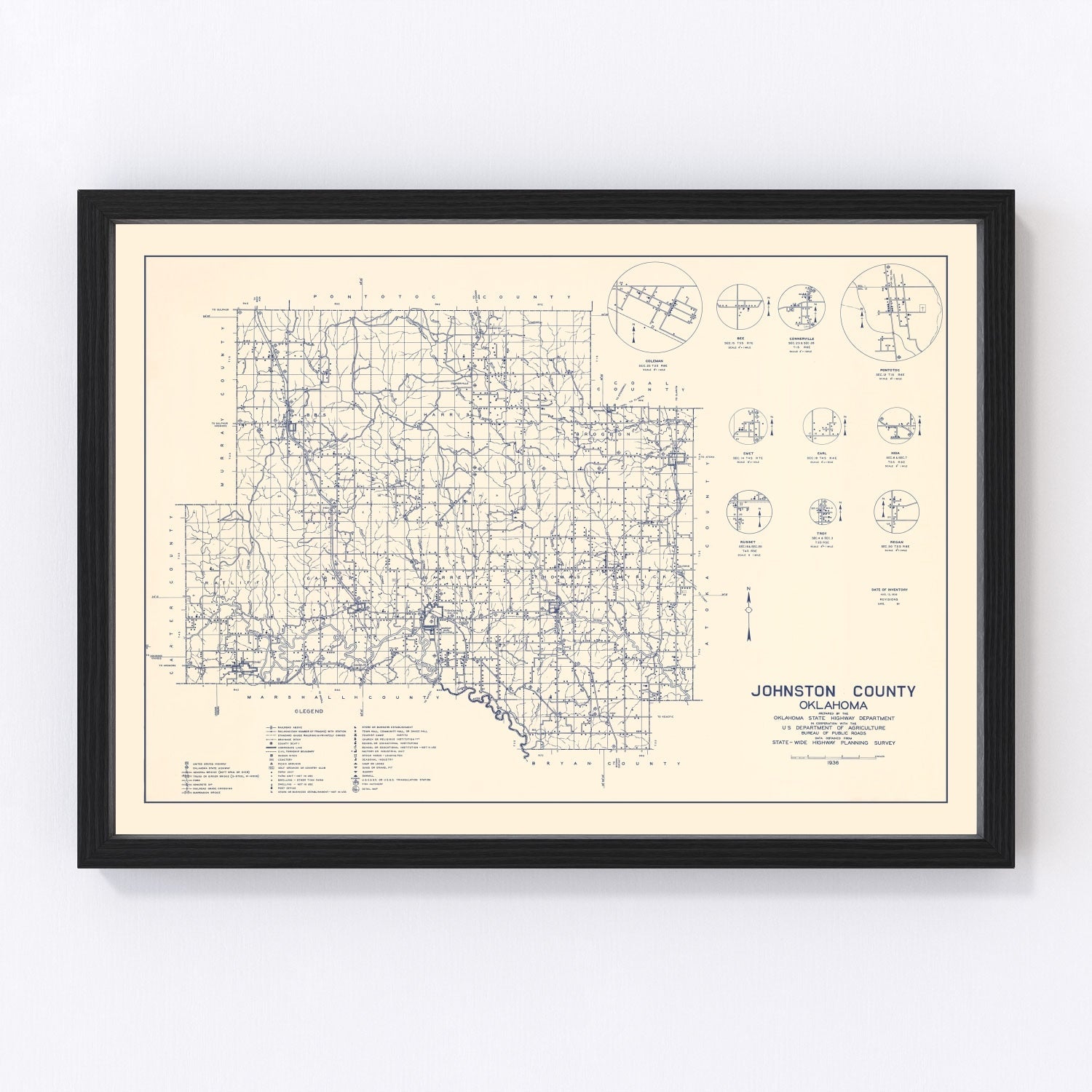 Vintage map of Johnston County, Oklahoma, 1936