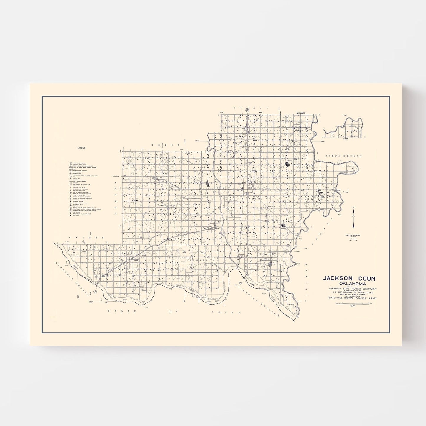 Vintage Map of Jackson County, Oklahoma, 1936