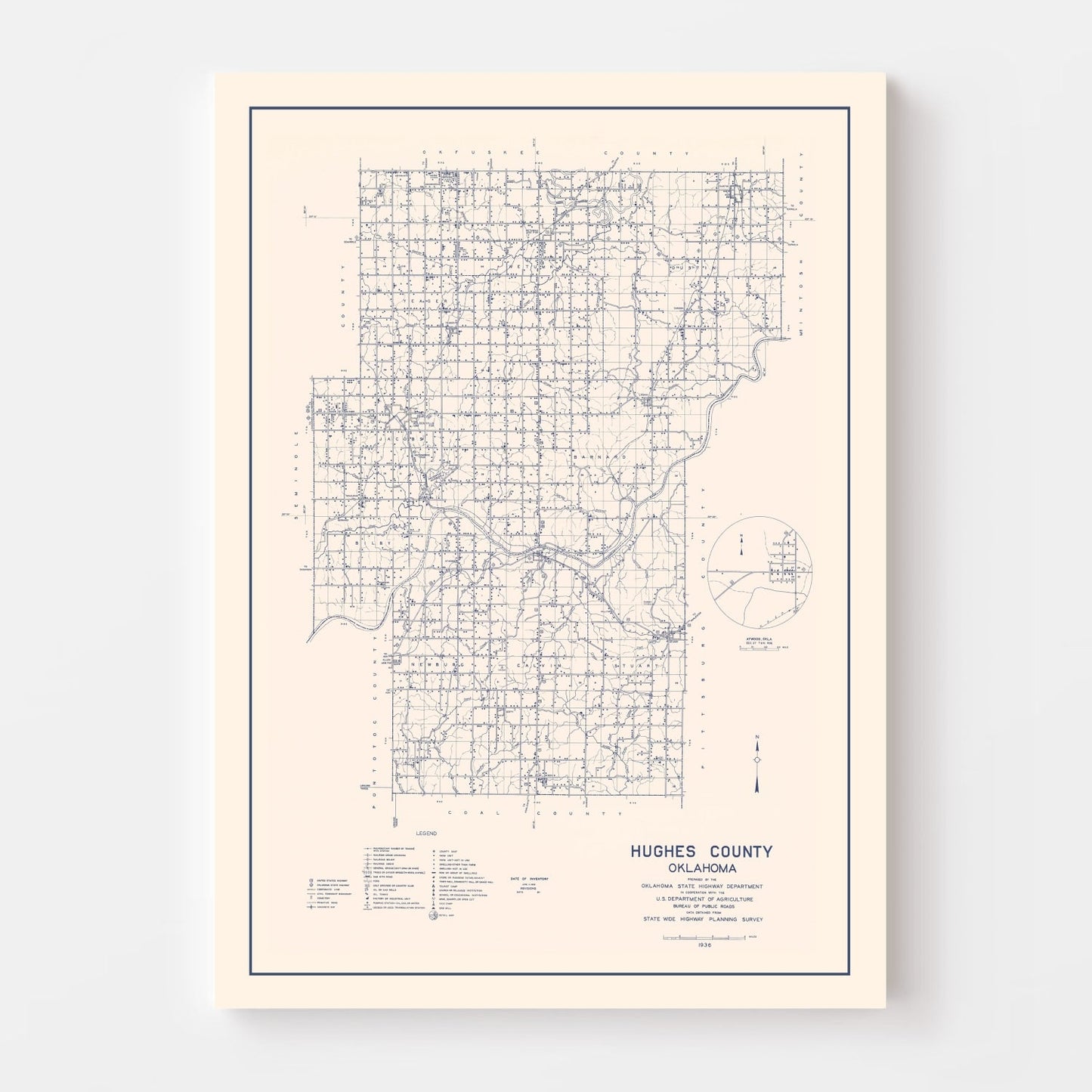 Vintage Map of Hughes County, Oklahoma, 1936