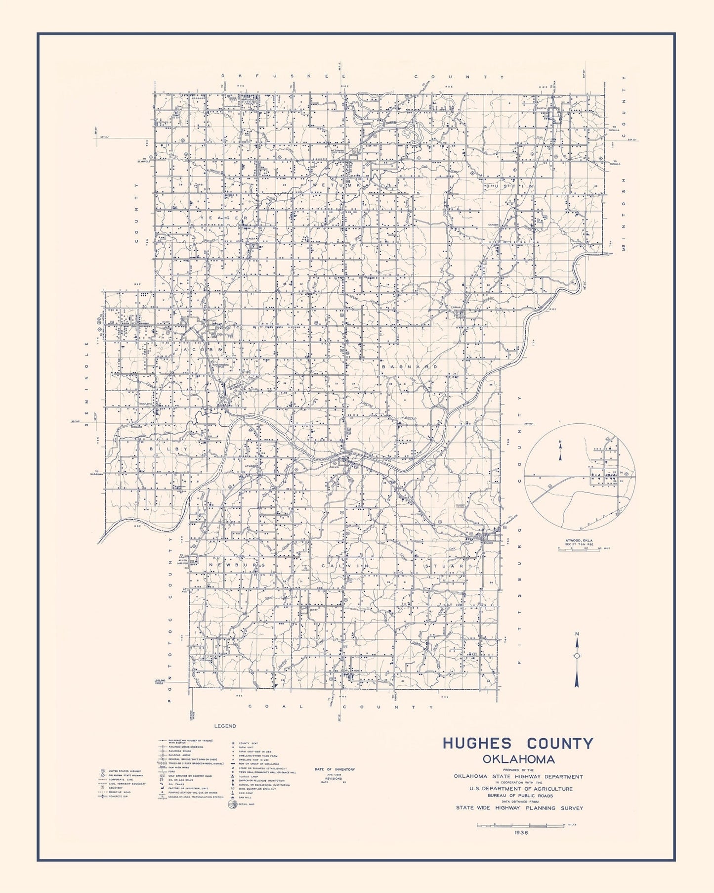 Vintage Map of Hughes County, Oklahoma, 1936
