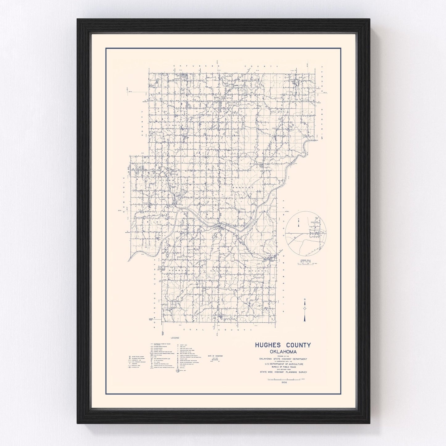 vintage map of Hughes County, Oklahoma, 1936