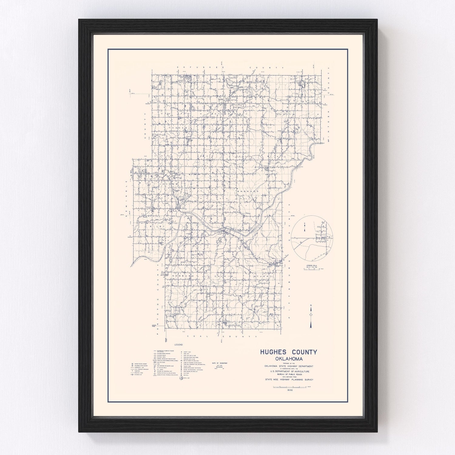 vintage map of Hughes County, Oklahoma, 1936
