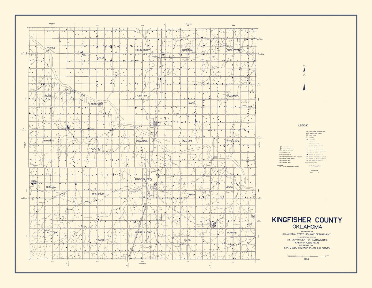 Vintage Map of Kingfisher County, Oklahoma, 1936