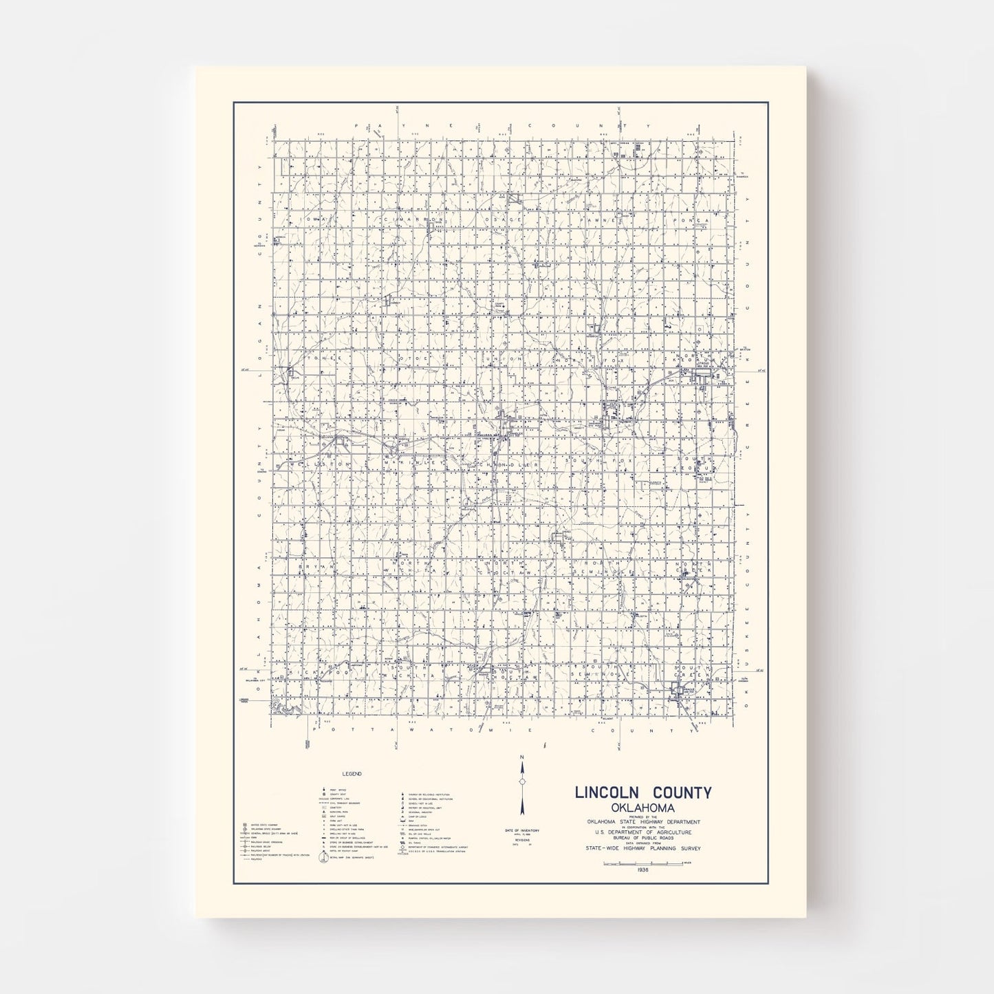 Vintage Map of Lincoln County, Oklahoma, 1936