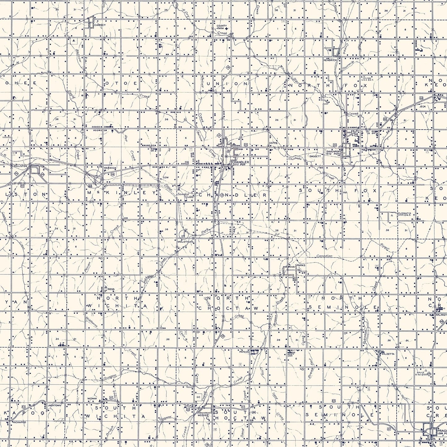 Vintage Map of Lincoln County, Oklahoma, 1936