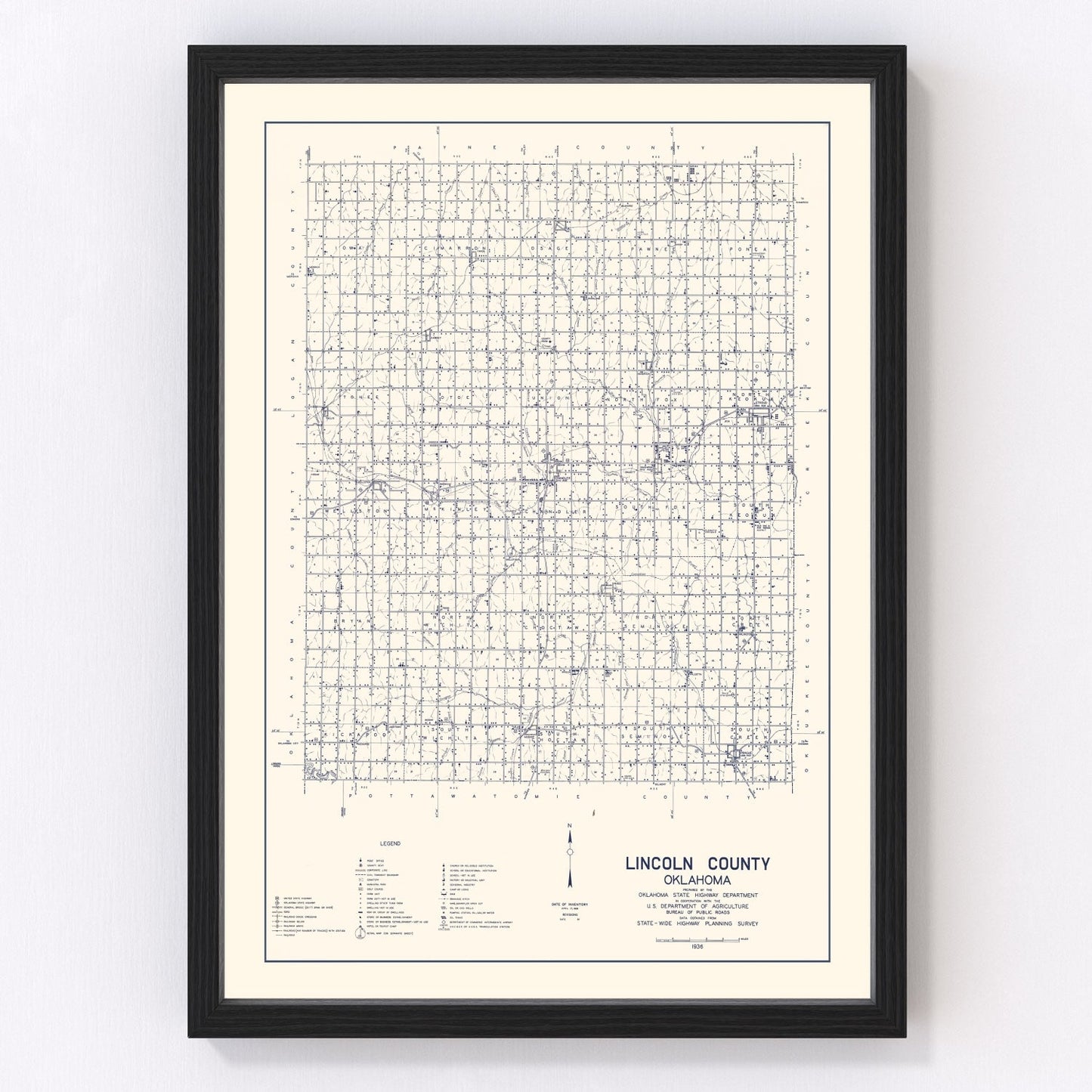 vintage map of Lincoln County, Oklahoma, Chandler and Stroud, 1936