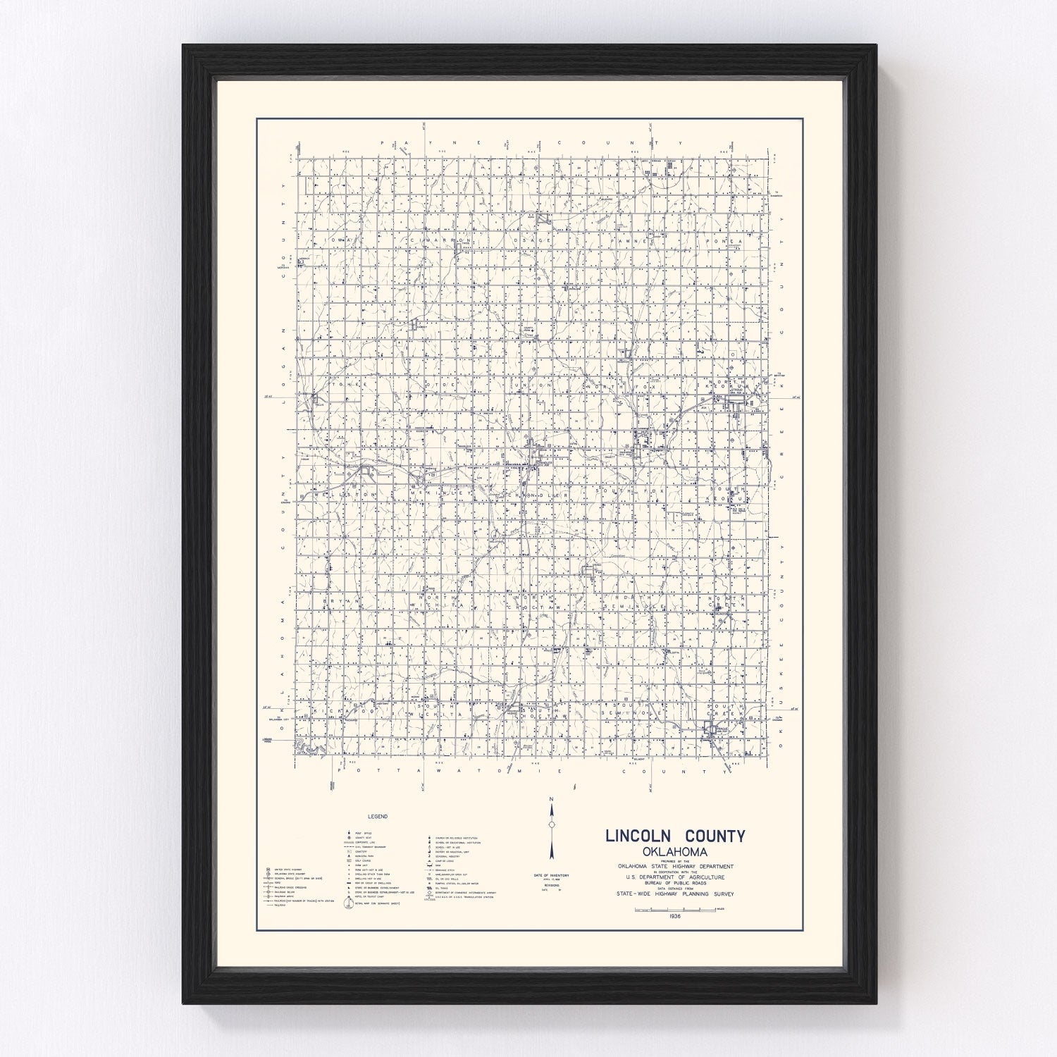 vintage map of Lincoln County, Oklahoma, Chandler and Stroud, 1936