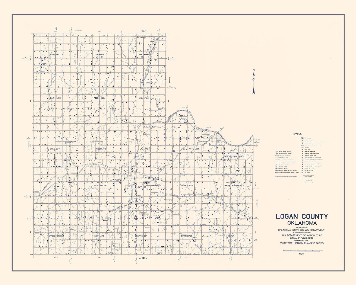 Vintage Map of Logan County, Oklahoma, 1936