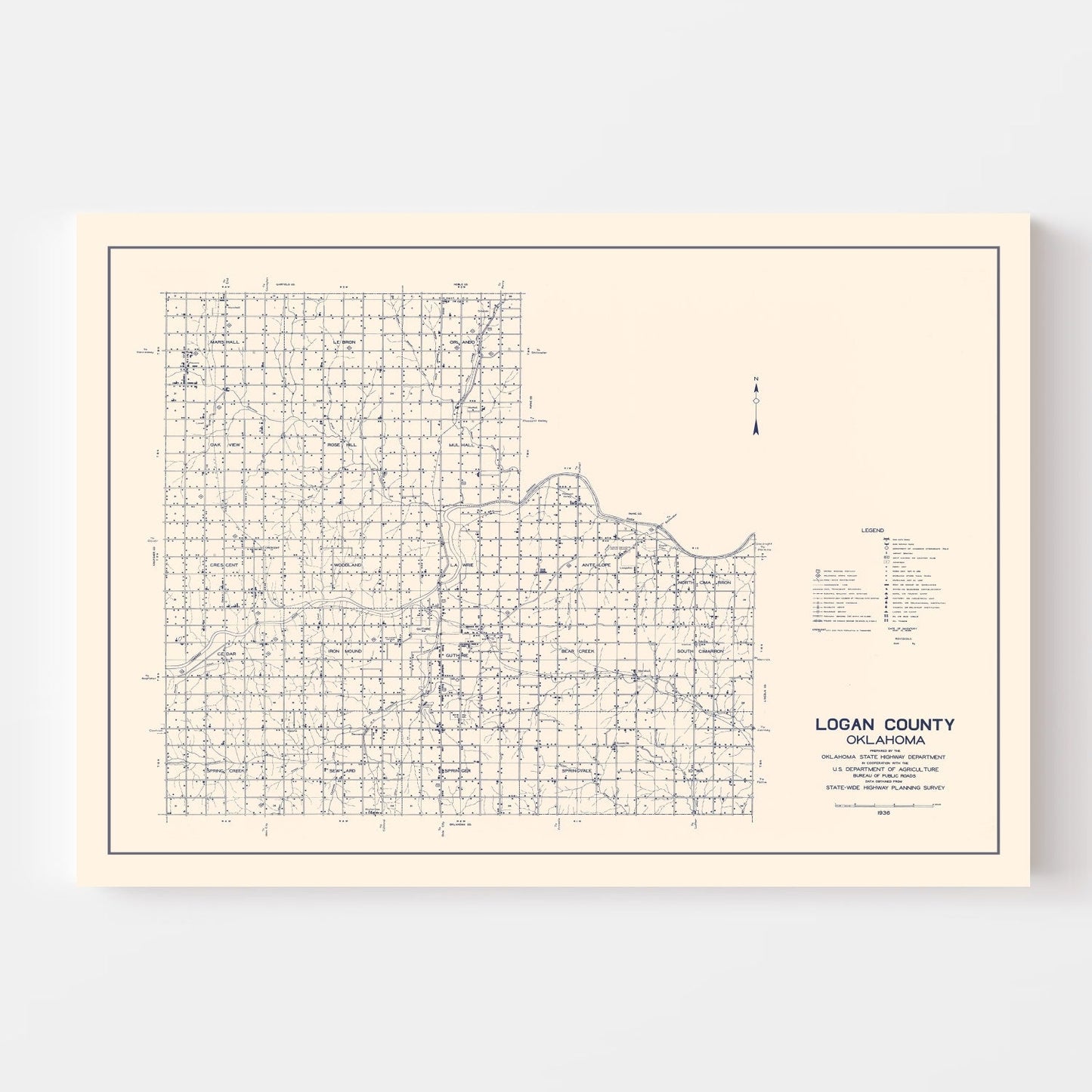 Vintage Map of Logan County, Oklahoma, 1936