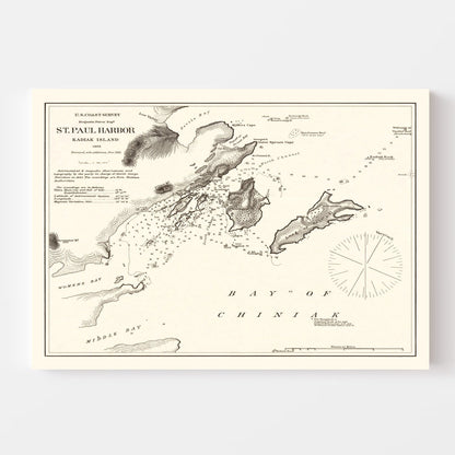 Vintage Map of Saint Paul Harbor, Kodiak Island, Alaska, 1881