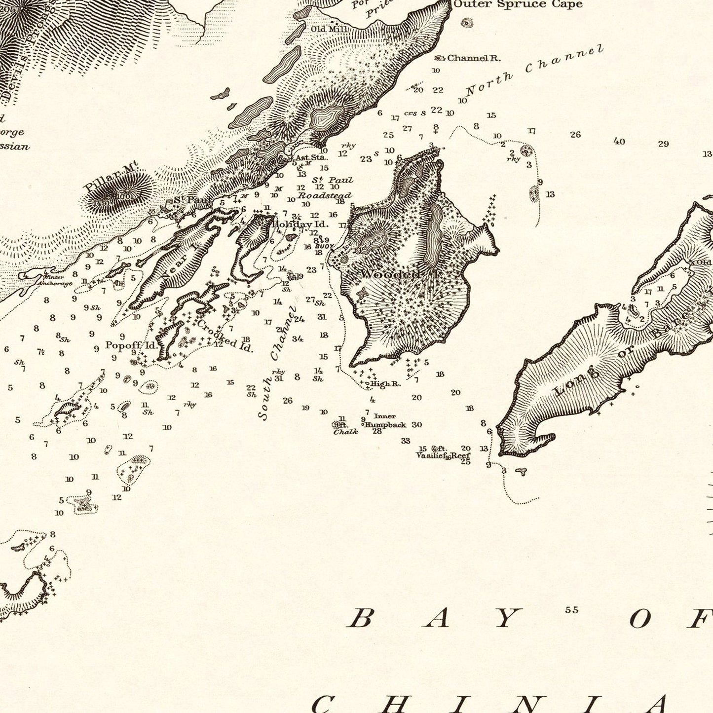 Vintage Map of Saint Paul Harbor, Kodiak Island, Alaska, 1881