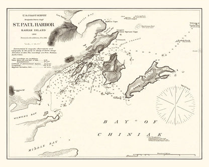 Vintage Map of Saint Paul Harbor, Kodiak Island, Alaska, 1881