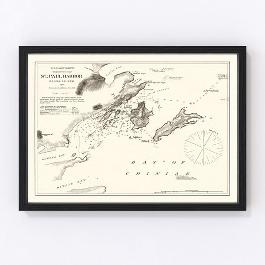 vintage map of Saint Paul Harbor, Kodiak Island, Alaska, 1881