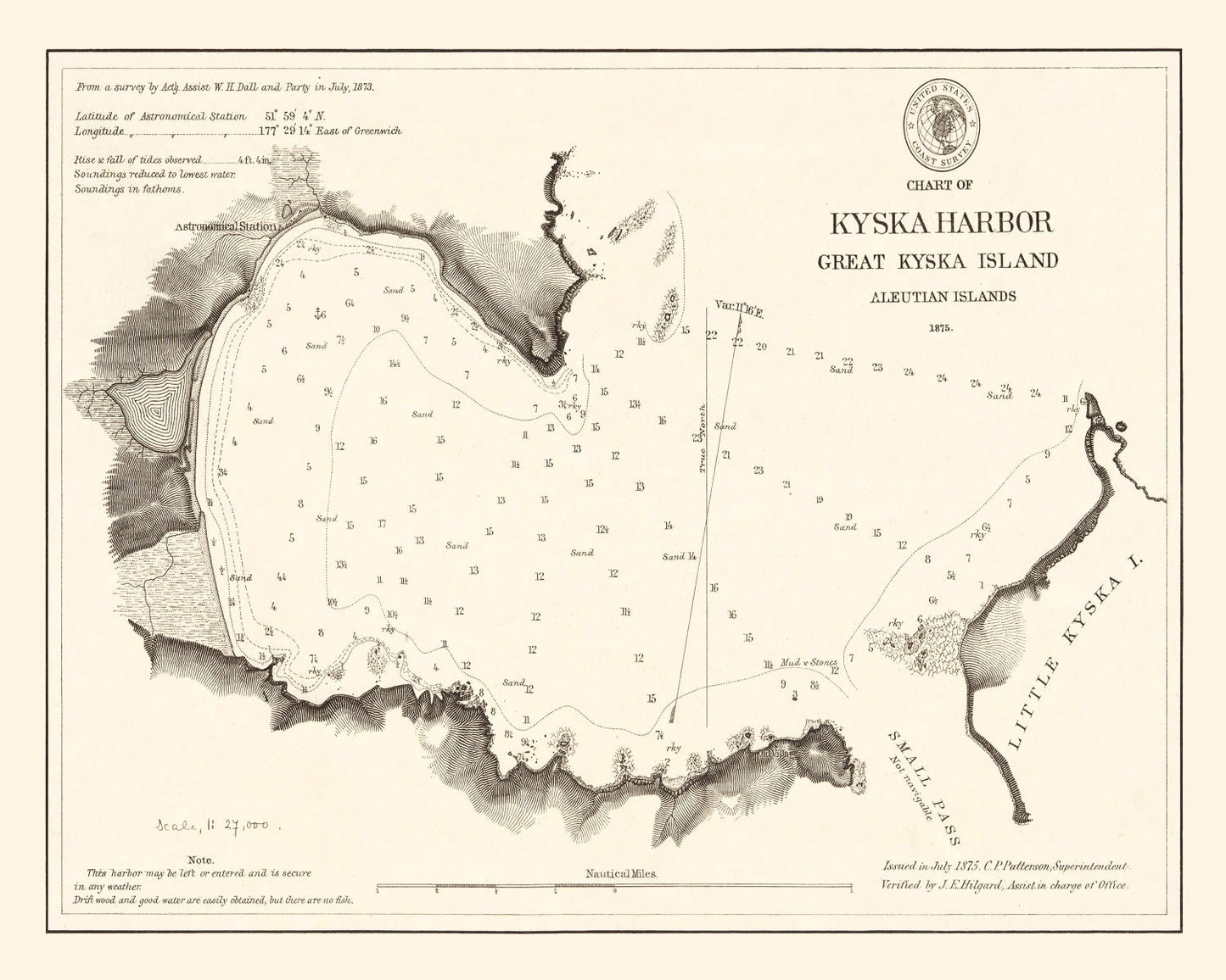 Vintage Kyska Harbor, Alaska Map, 1875