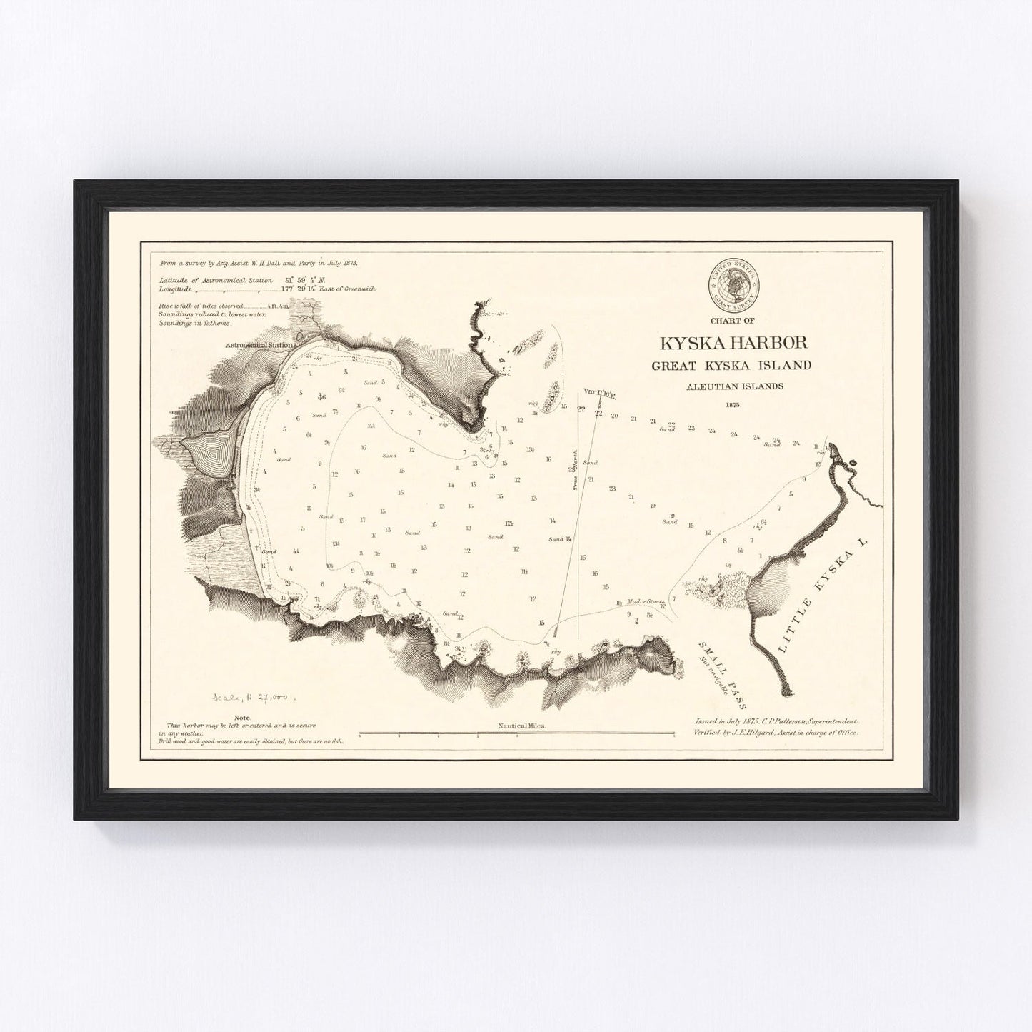 Vintage nautical chart of Kyska Harbor, Alaska Aleutians, 1875