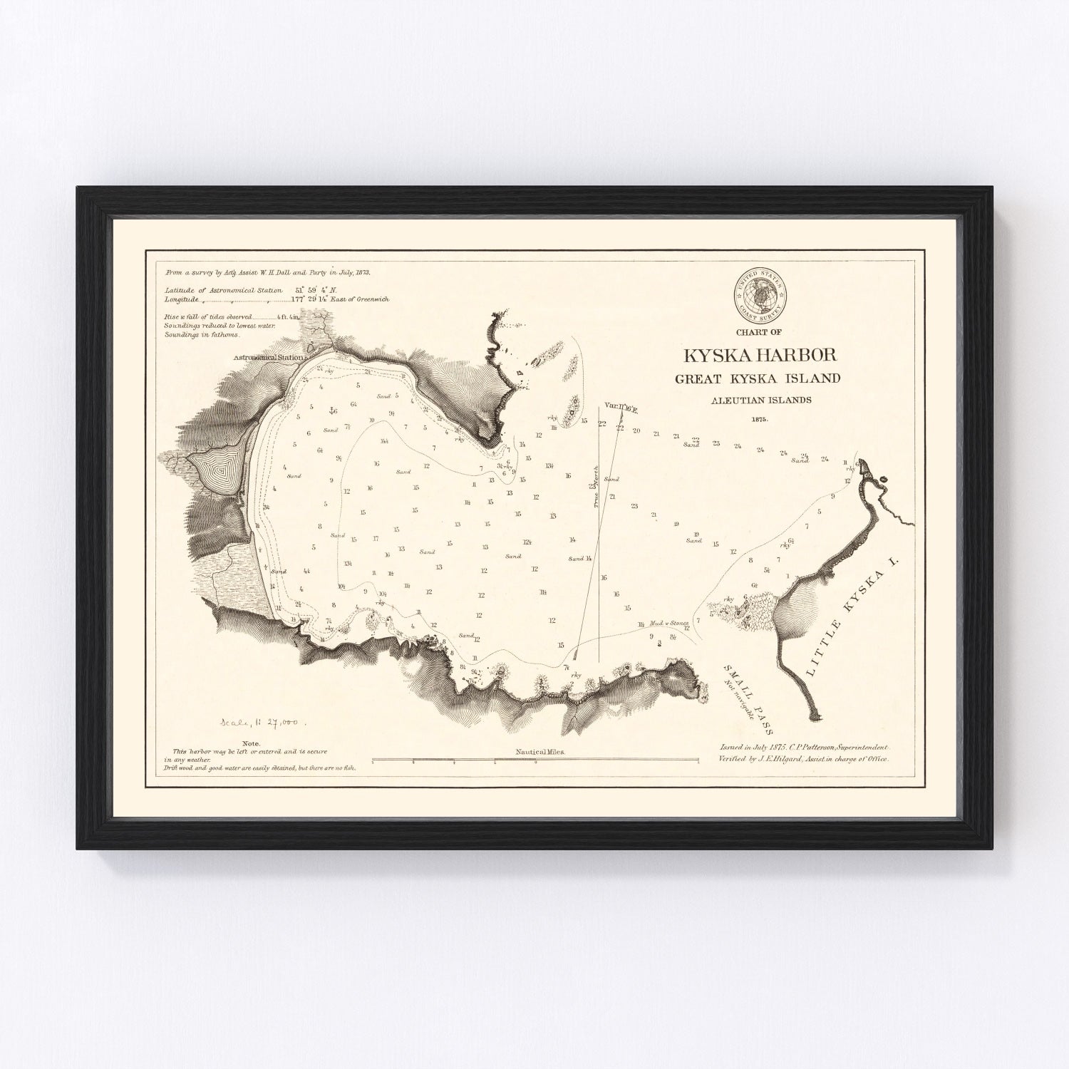 Vintage nautical chart of Kyska Harbor, Alaska Aleutians, 1875