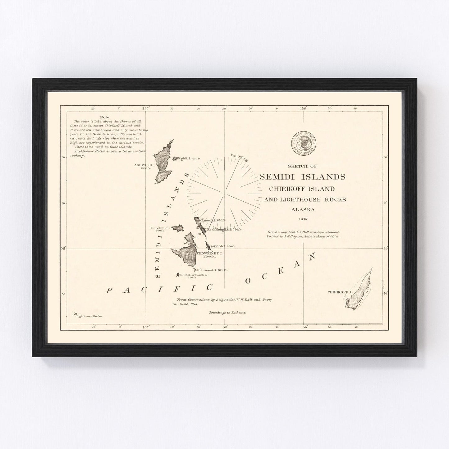 Vintage 1875 map of Semidi Islands Alaska from early U.S. Coast Survey cartography, restored print