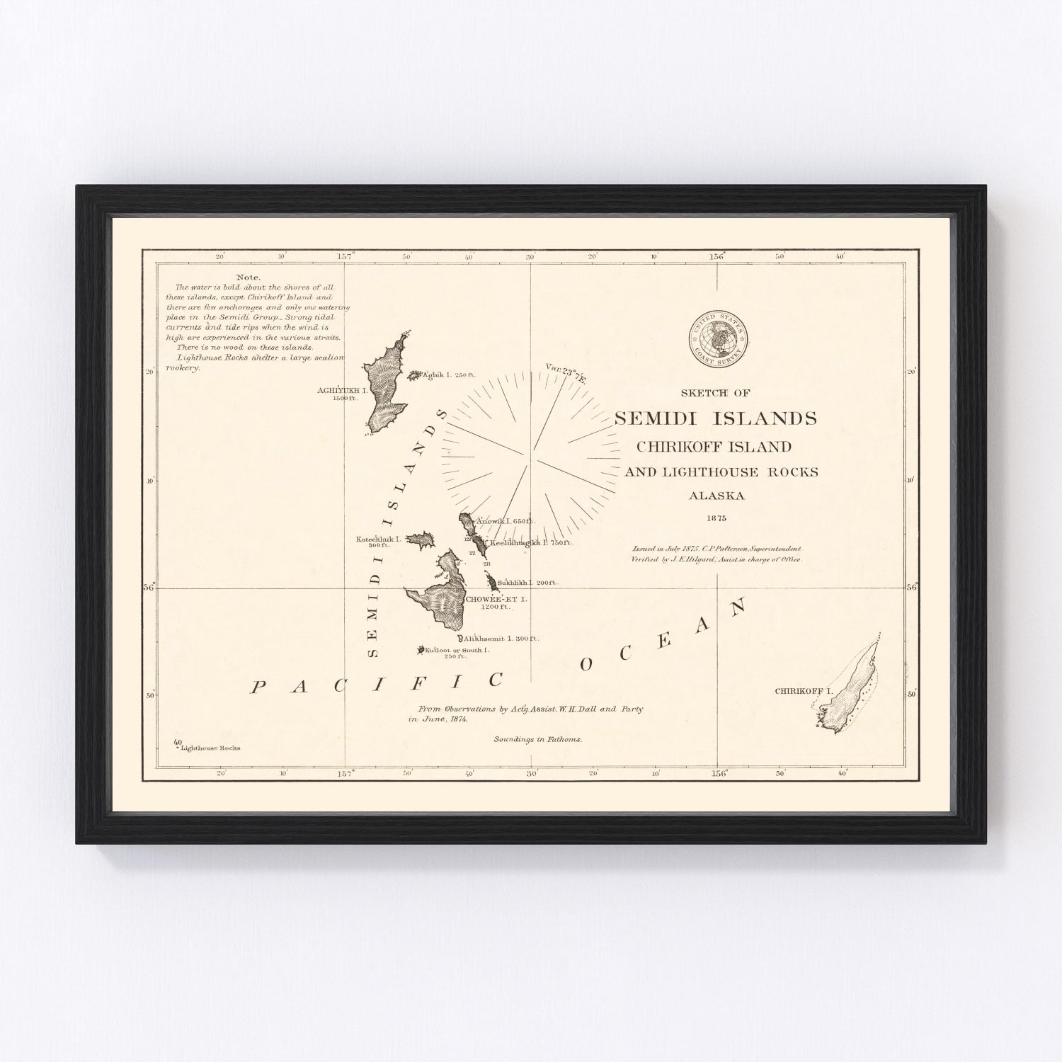 Vintage 1875 map of Semidi Islands Alaska from early U.S. Coast Survey cartography, restored print
