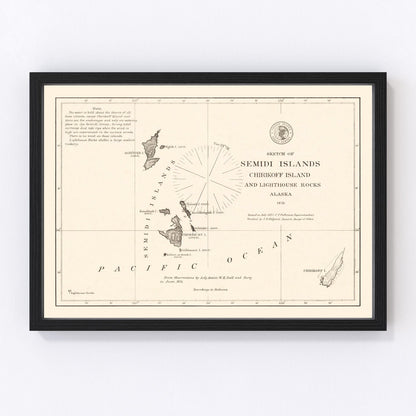 Vintage 1875 map of Semidi Islands Alaska from early U.S. Coast Survey cartography, restored print