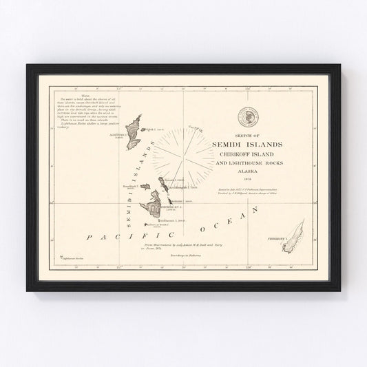 Vintage 1875 map of Semidi Islands Alaska from early U.S. Coast Survey cartography, restored print