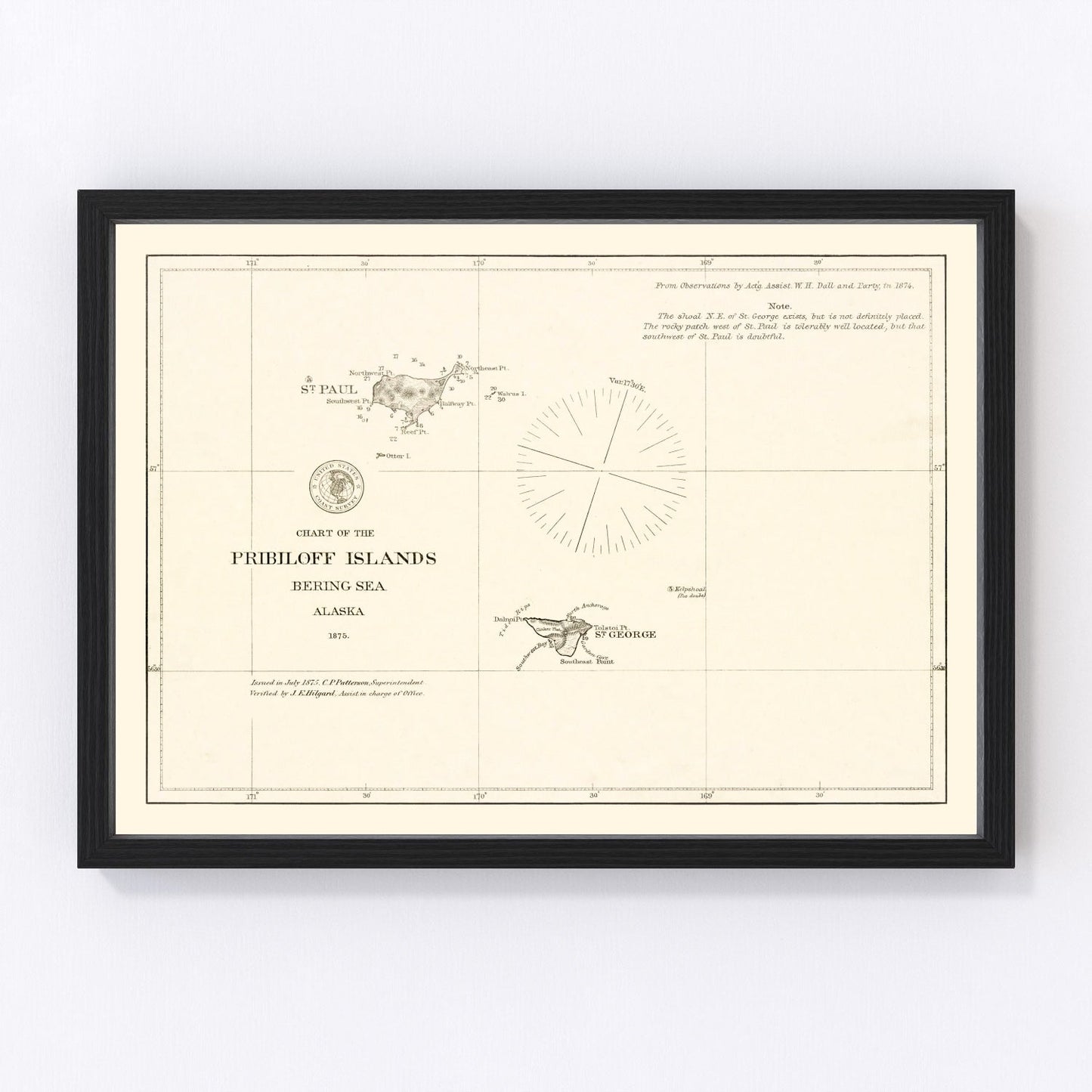 vintage map of the Pribilof Islands, Alaska, 1875, Bering Sea archipelago