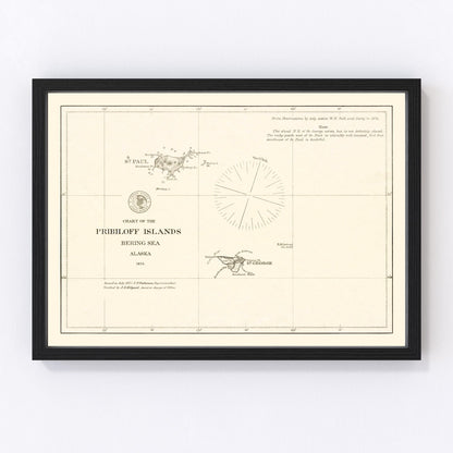 vintage map of the Pribilof Islands, Alaska, 1875, Bering Sea archipelago
