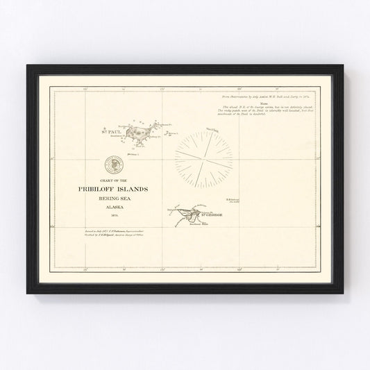 vintage map of the Pribilof Islands, Alaska, 1875, Bering Sea archipelago