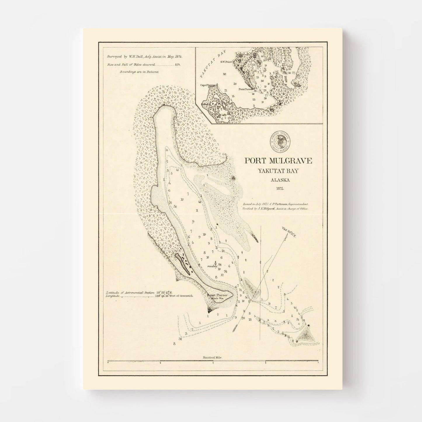 Vintage Map of Port Mulgrave, Yakutat Bay, Alaska, 1875