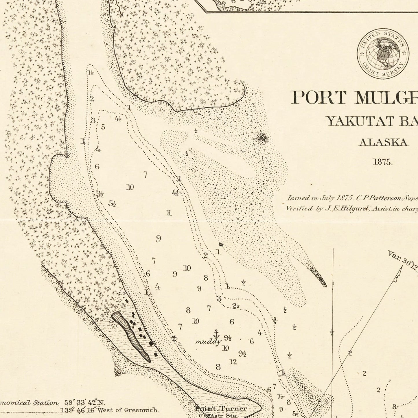 Vintage Map of Port Mulgrave, Yakutat Bay, Alaska, 1875