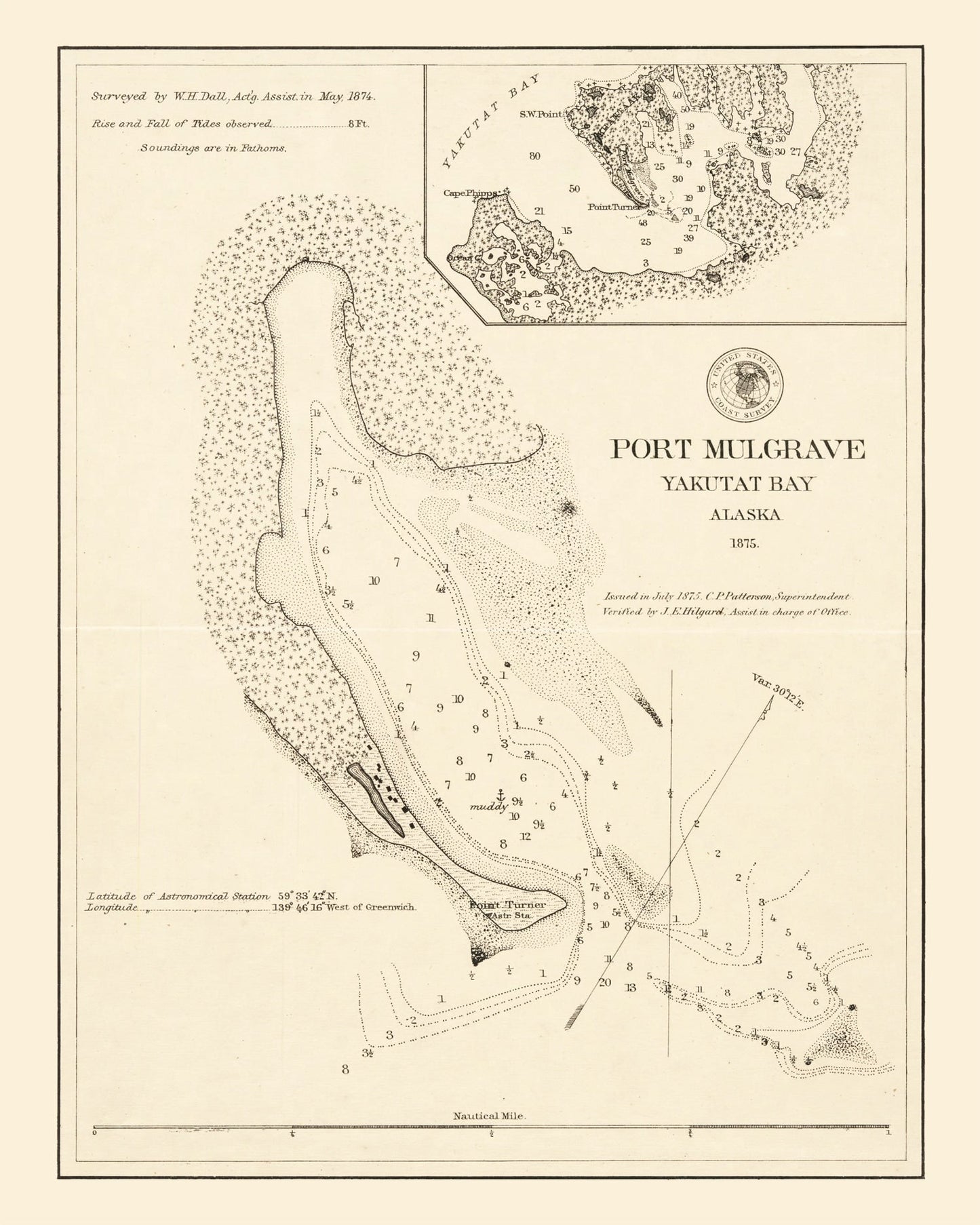 Vintage Map of Port Mulgrave, Yakutat Bay, Alaska, 1875