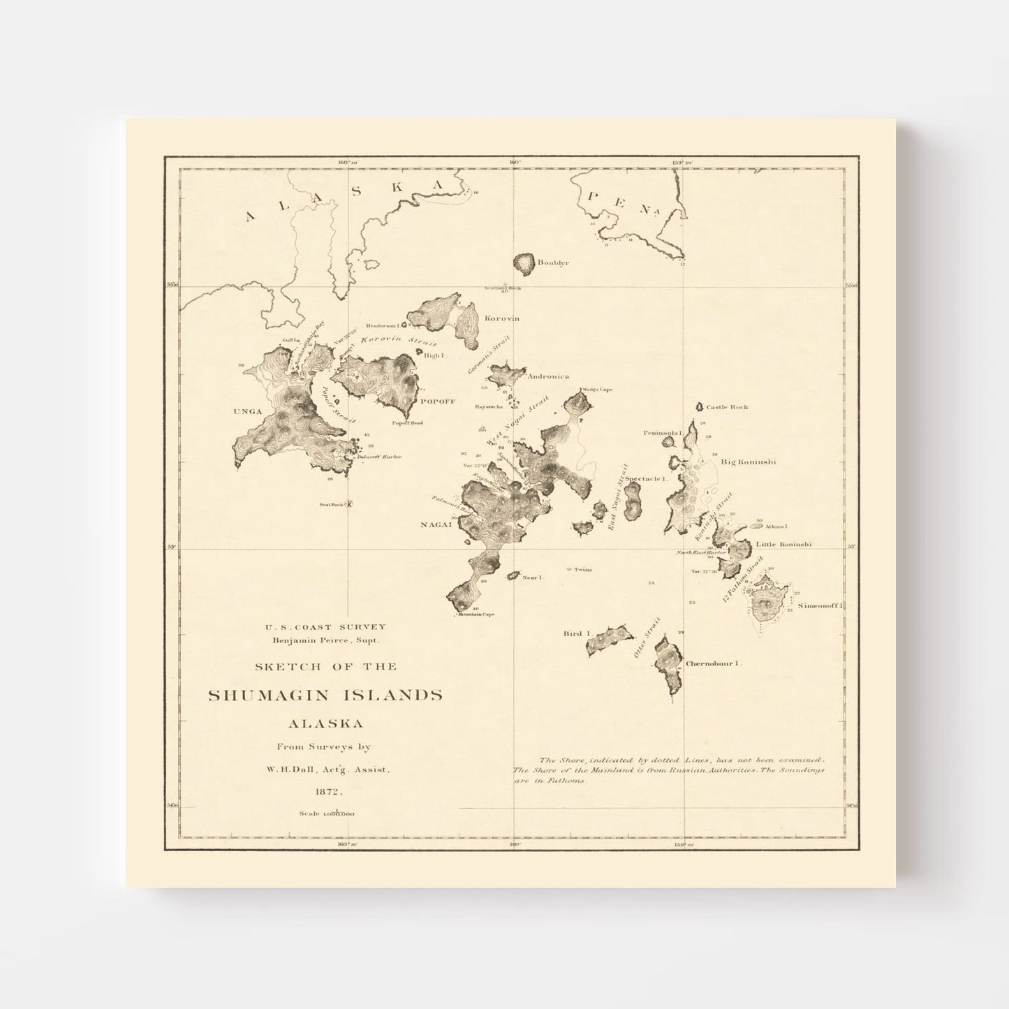Vintage Shumagin Islands Alaska Map, 1872