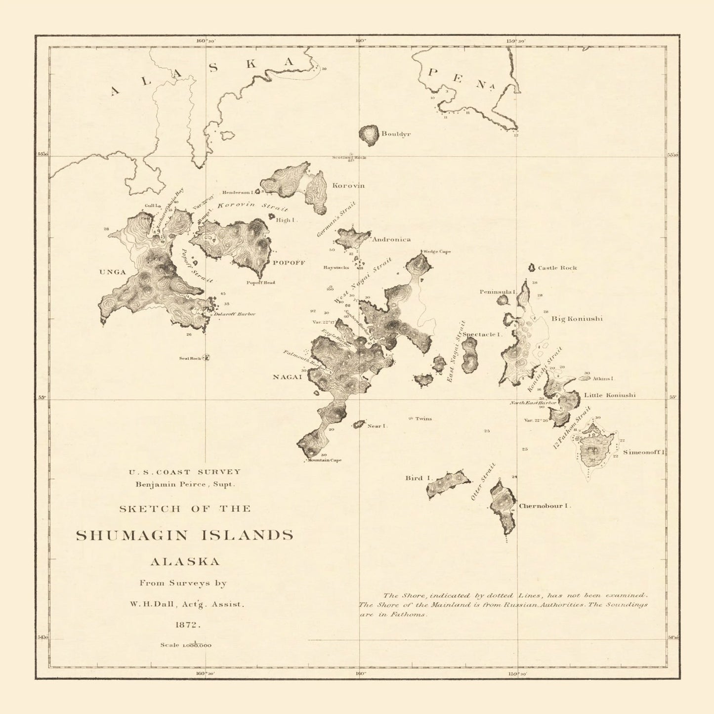 Vintage Shumagin Islands Alaska Map, 1872